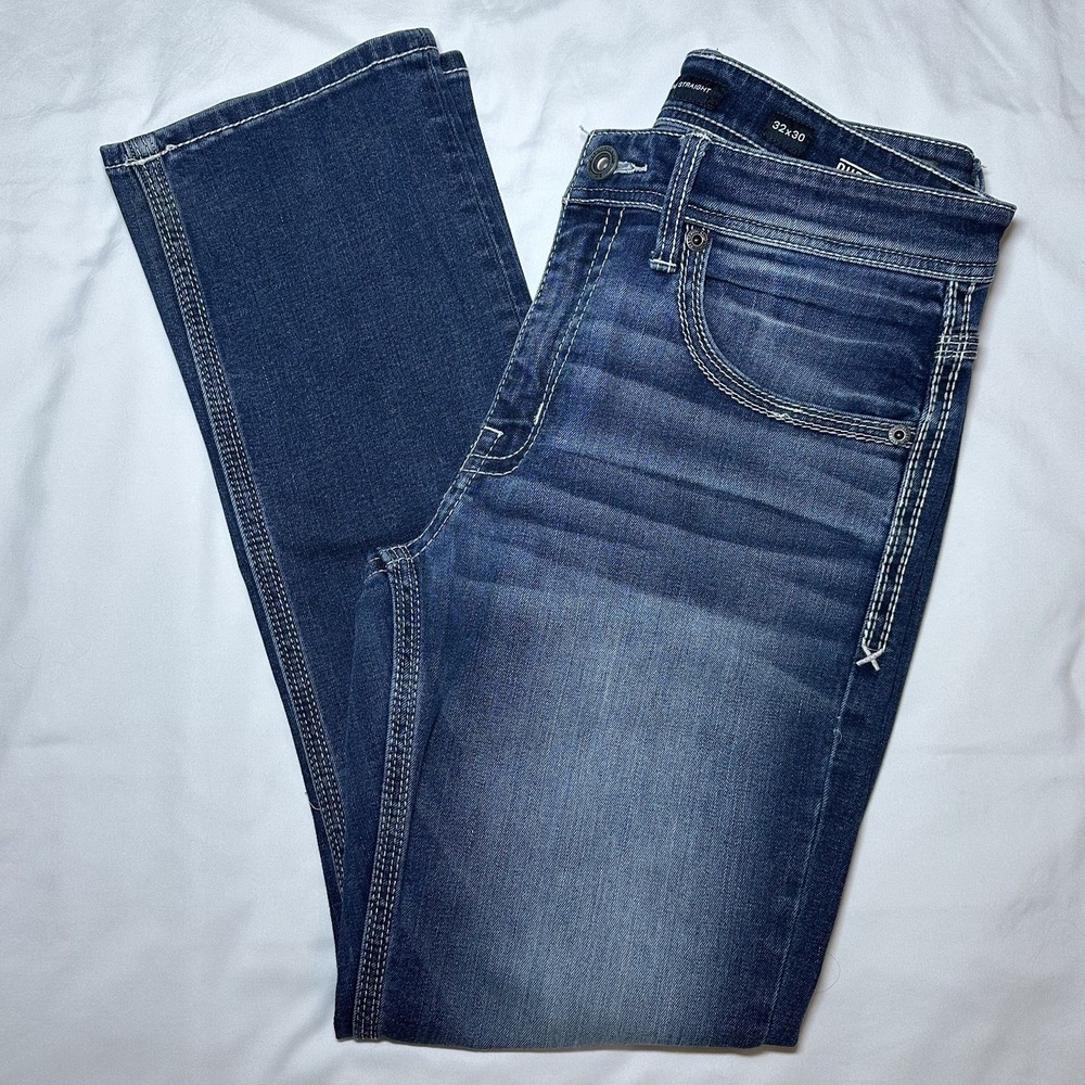 BKE Jake Straight Stretch Mid Rise Thick Stitch Biker Blue Jeans Men's Sz 32x30